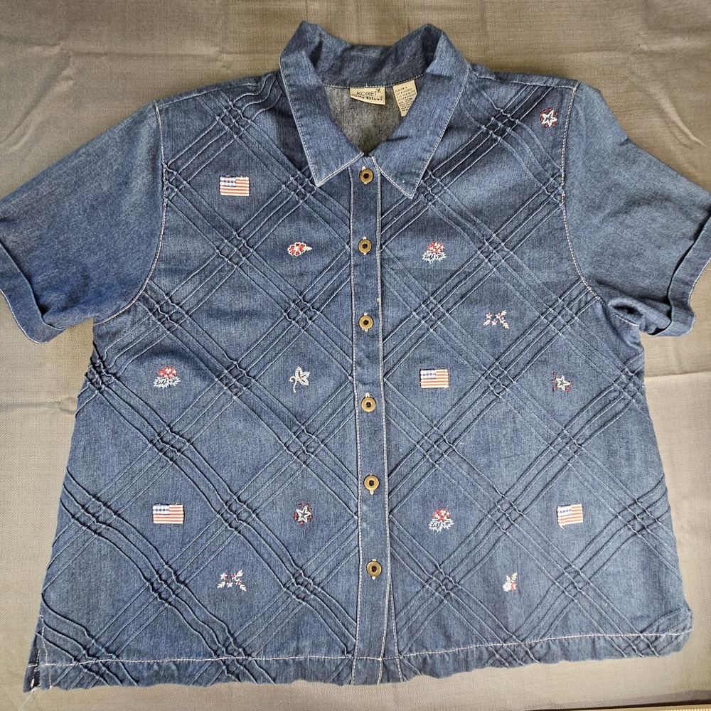 Koret City Blues Denim Shirt Patriotic Stars American Flags Embroidered Size 20W